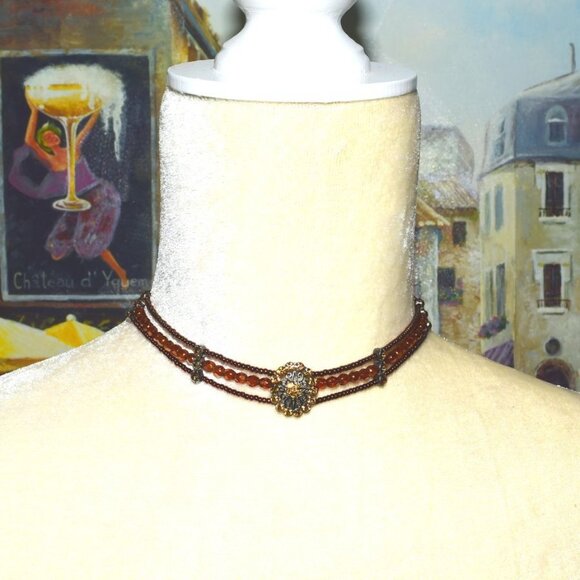 Multi Layer Medallion Pendant Beaded Choker Caroline C Estate Collection Piece - Picture 3 of 8